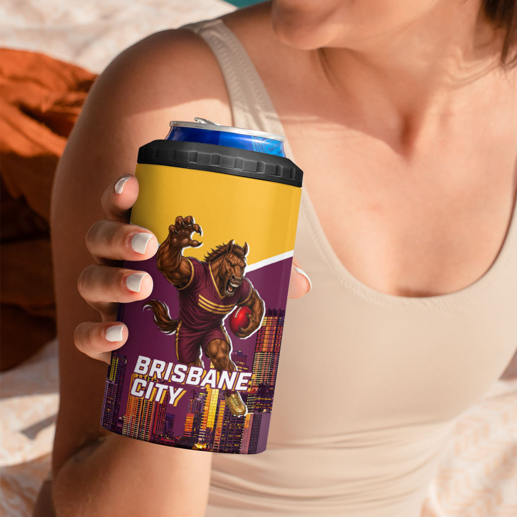 Personalised Brisbane City Rugby 4 in 1 Can Cooler Tumbler Muscular Horse Mascot Skyline Graphic