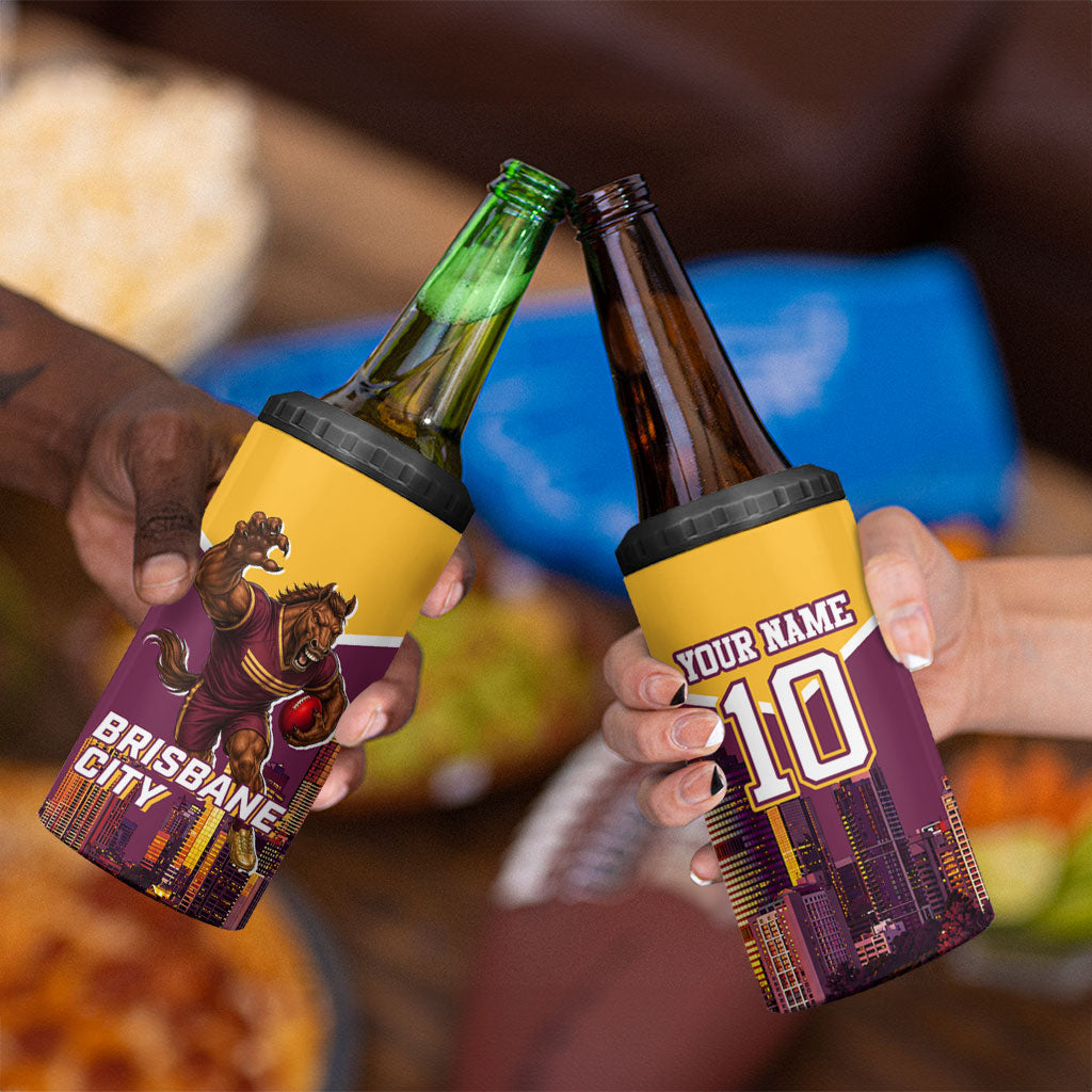 Personalised Brisbane City Rugby 4 in 1 Can Cooler Tumbler Muscular Horse Mascot Skyline Graphic