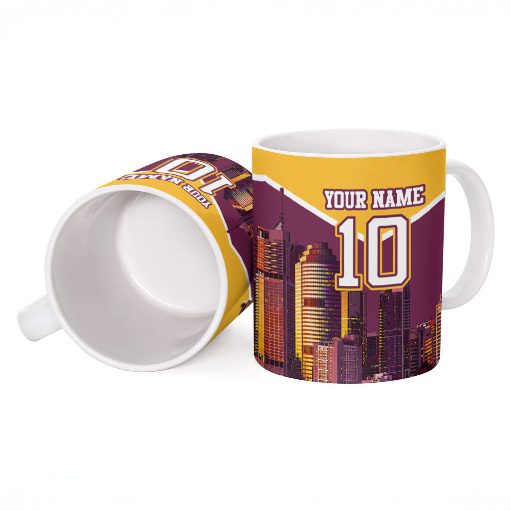 Personalised Brisbane City Rugby Ceramic Mug Muscular Horse Mascot Skyline Graphic