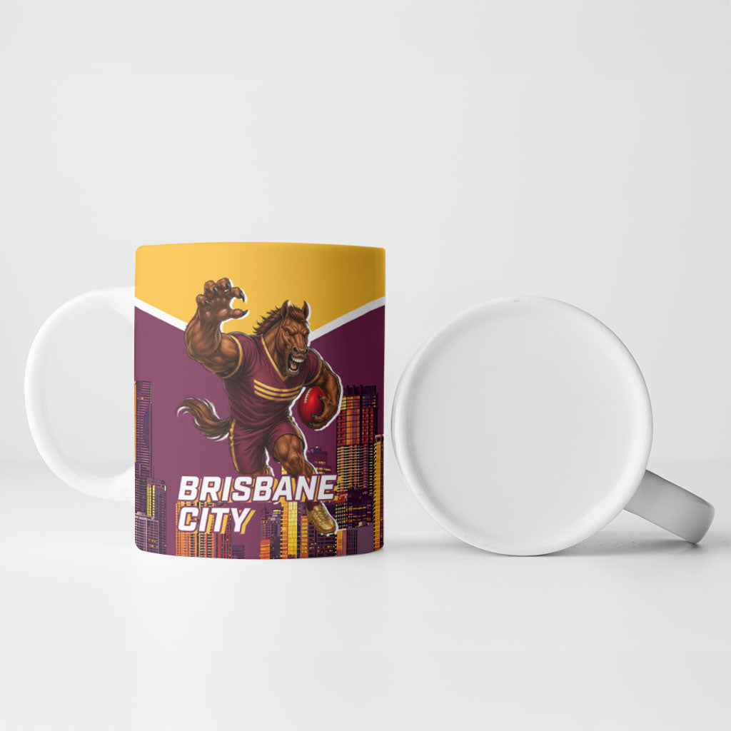 Personalised Brisbane City Rugby Ceramic Mug Muscular Horse Mascot Skyline Graphic