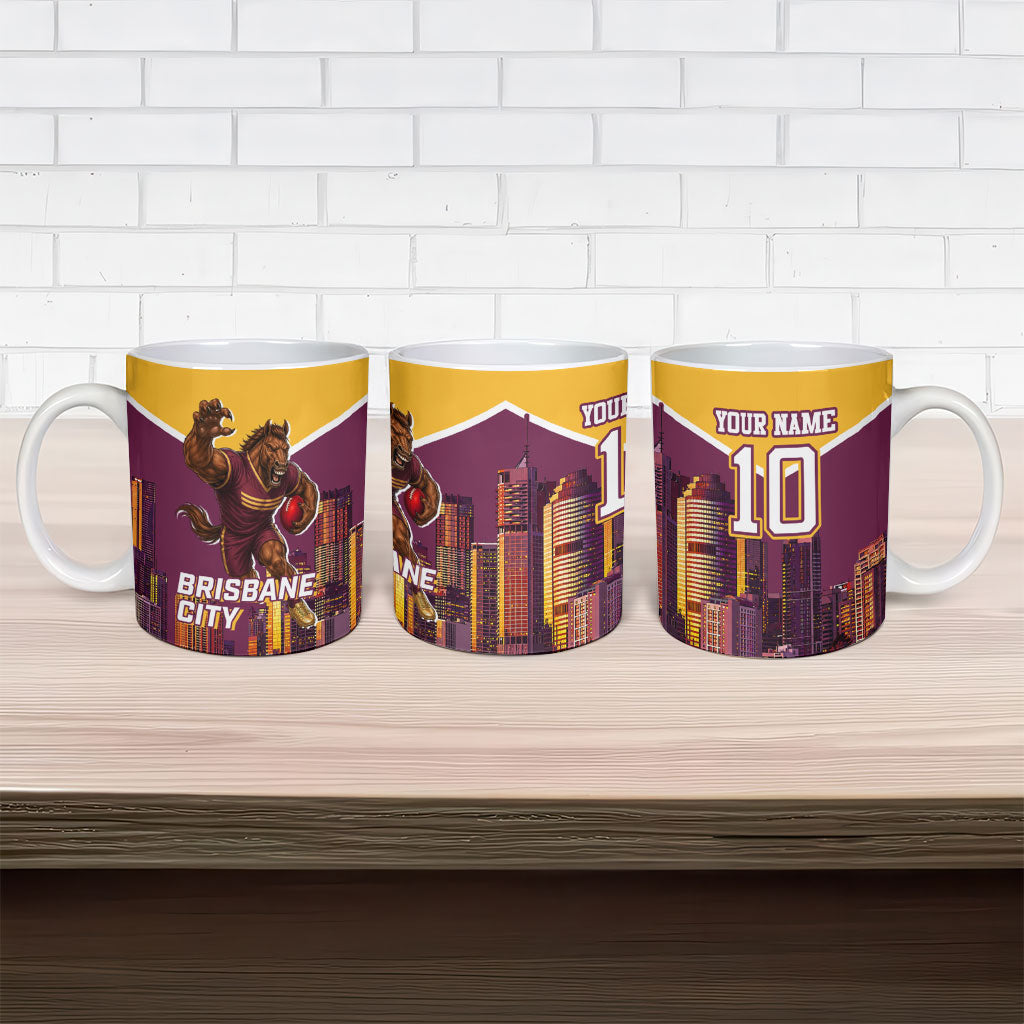Personalised Brisbane City Rugby Ceramic Mug Muscular Horse Mascot Skyline Graphic
