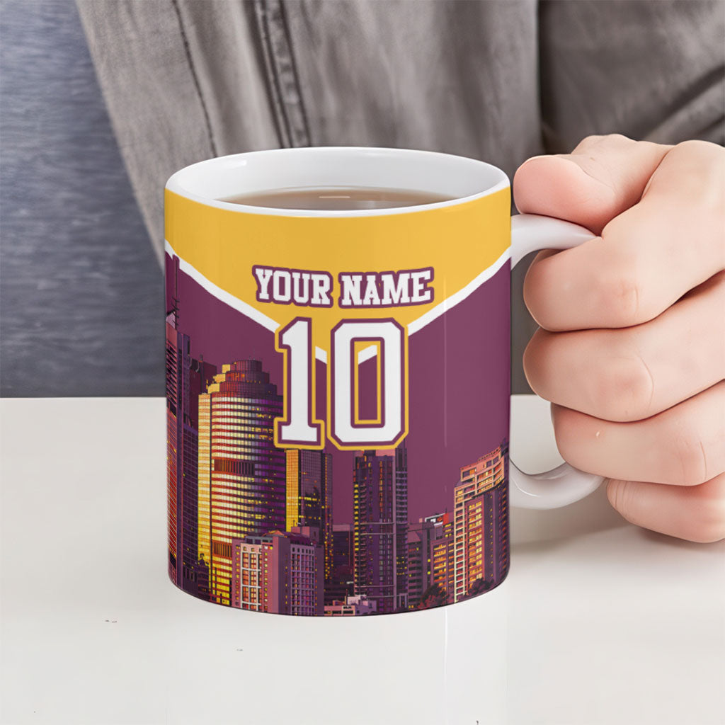 Personalised Brisbane City Rugby Ceramic Mug Muscular Horse Mascot Skyline Graphic