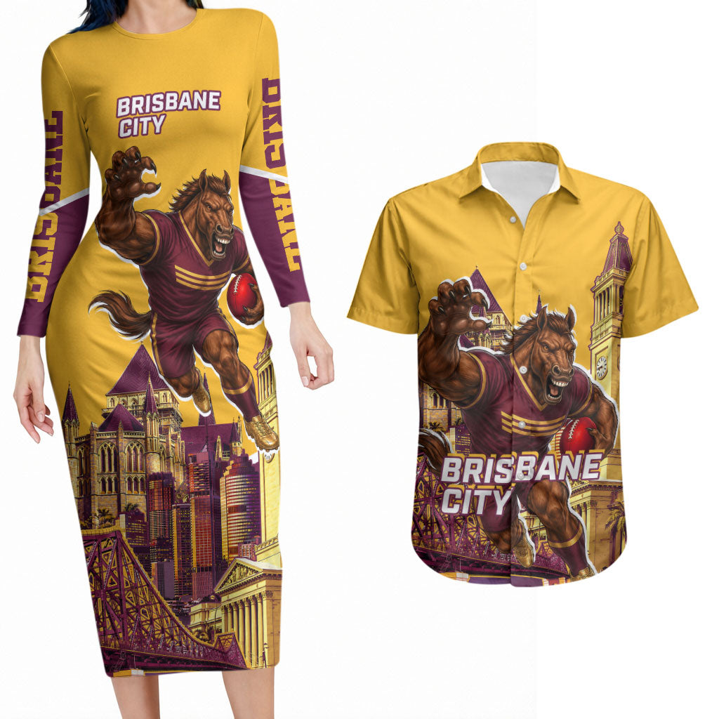 Personalised Brisbane City Rugby Couples Matching Long Sleeve Bodycon Dress and Hawaiian Shirt Muscular Horse Mascot Skyline Graphic