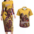 Personalised Brisbane City Rugby Couples Matching Long Sleeve Bodycon Dress and Hawaiian Shirt Muscular Horse Mascot Skyline Graphic