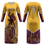 Personalised Brisbane City Rugby Couples Matching Long Sleeve Bodycon Dress and Hawaiian Shirt Muscular Horse Mascot Skyline Graphic