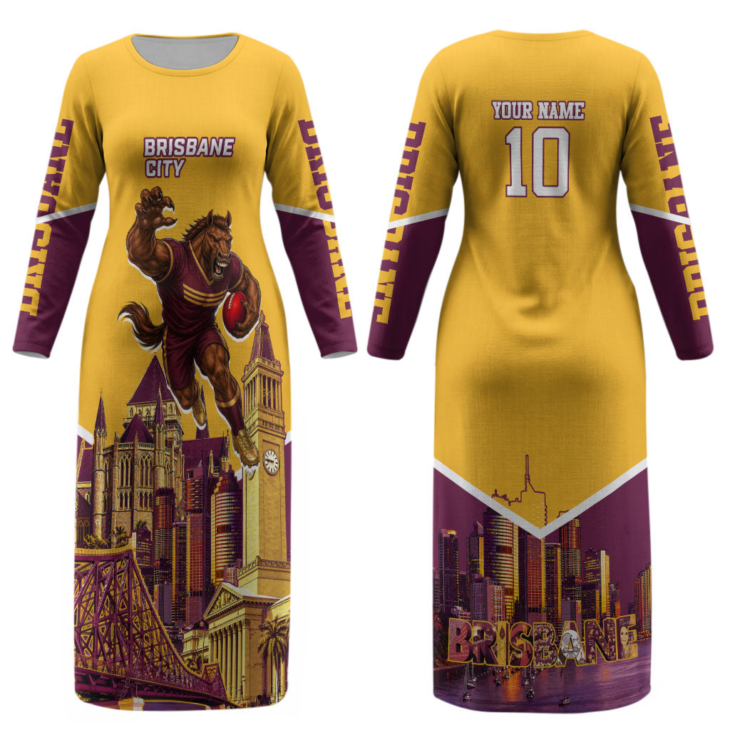 Personalised Brisbane City Rugby Couples Matching Long Sleeve Bodycon Dress and Hawaiian Shirt Muscular Horse Mascot Skyline Graphic
