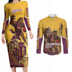 Personalised Brisbane City Rugby Couples Matching Long Sleeve Bodycon Dress and Long Sleeve Button Shirt Muscular Horse Mascot Skyline Graphic