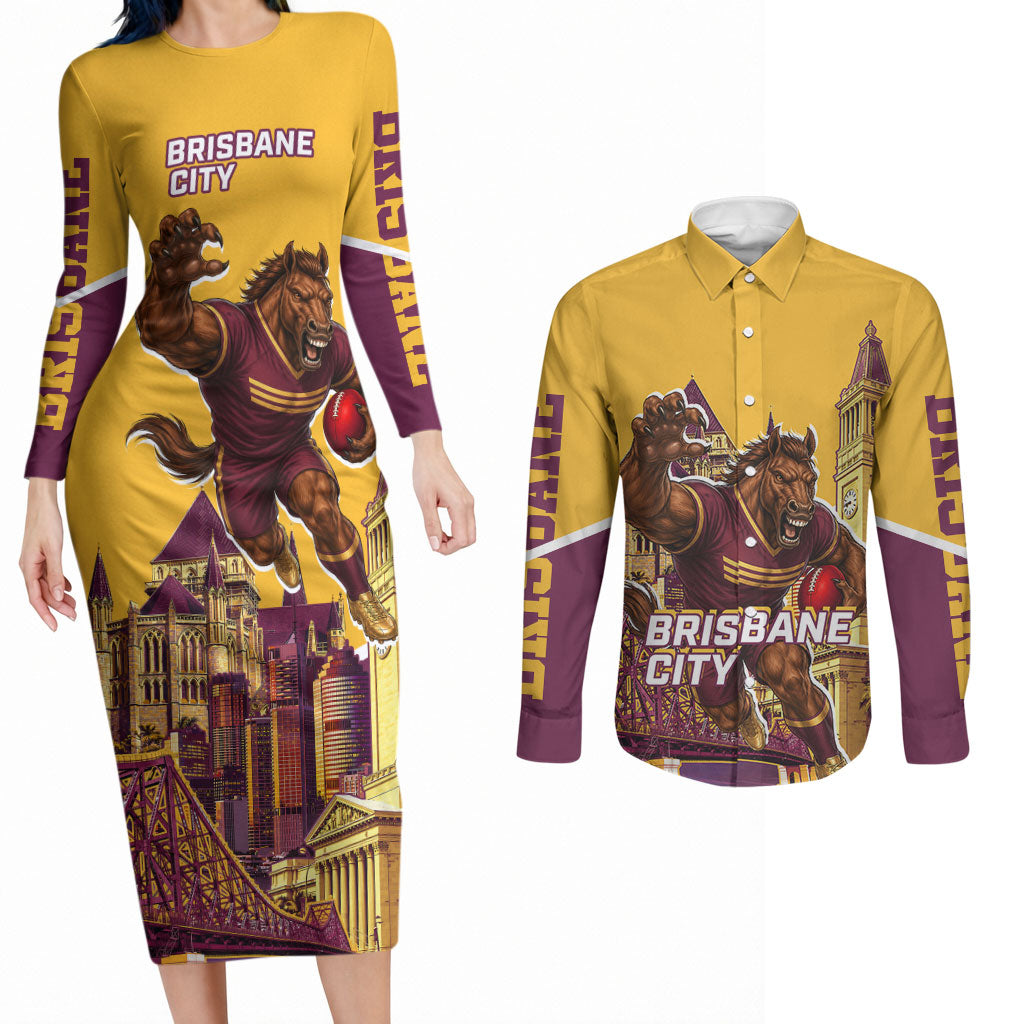 Personalised Brisbane City Rugby Couples Matching Long Sleeve Bodycon Dress and Long Sleeve Button Shirt Muscular Horse Mascot Skyline Graphic