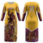 Personalised Brisbane City Rugby Couples Matching Long Sleeve Bodycon Dress and Long Sleeve Button Shirt Muscular Horse Mascot Skyline Graphic