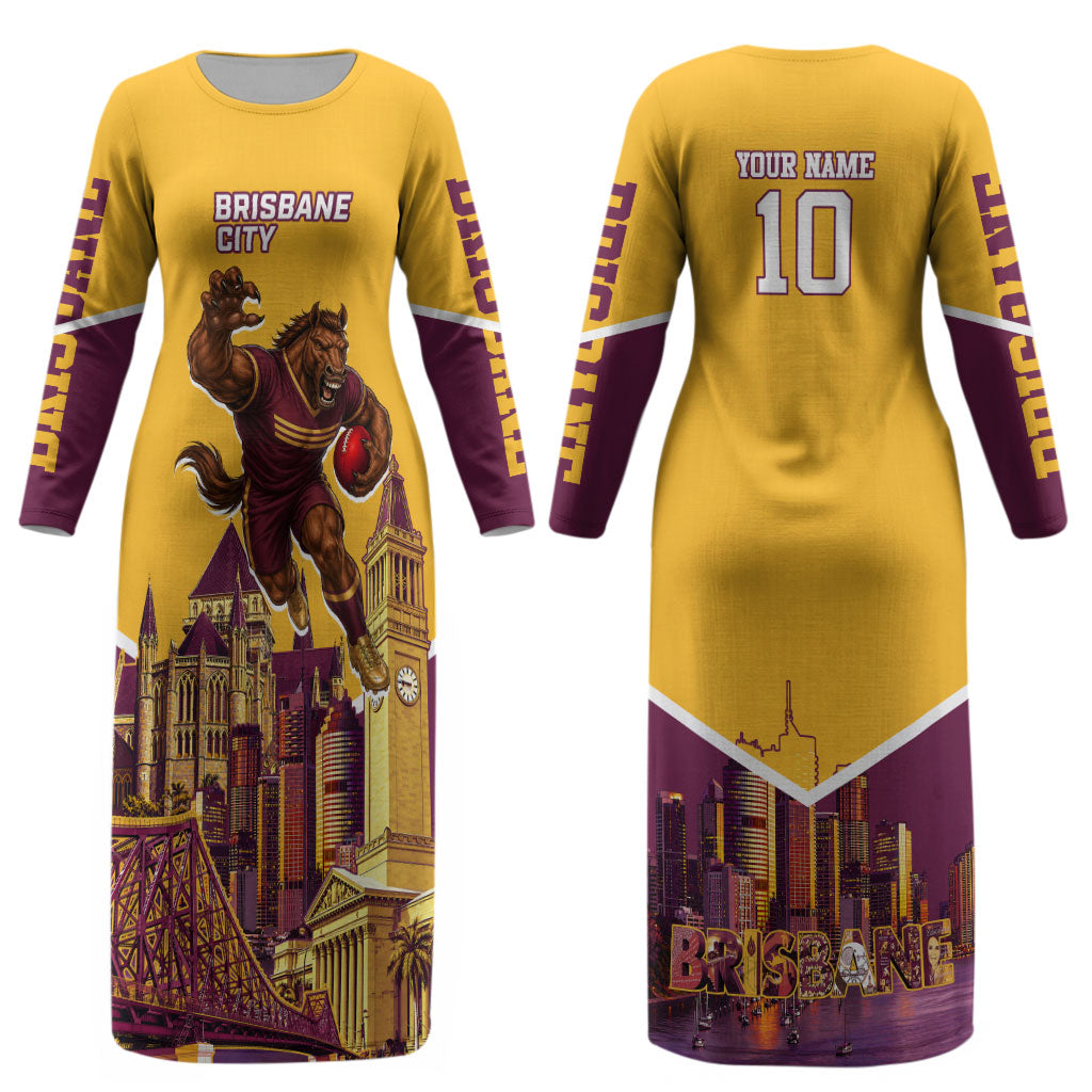 Personalised Brisbane City Rugby Couples Matching Long Sleeve Bodycon Dress and Long Sleeve Button Shirt Muscular Horse Mascot Skyline Graphic