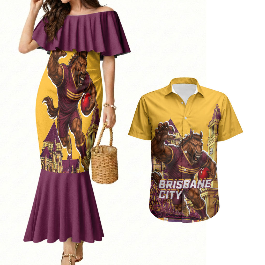Personalised Brisbane City Rugby Couples Matching Mermaid Dress and Hawaiian Shirt Muscular Horse Mascot Skyline Graphic