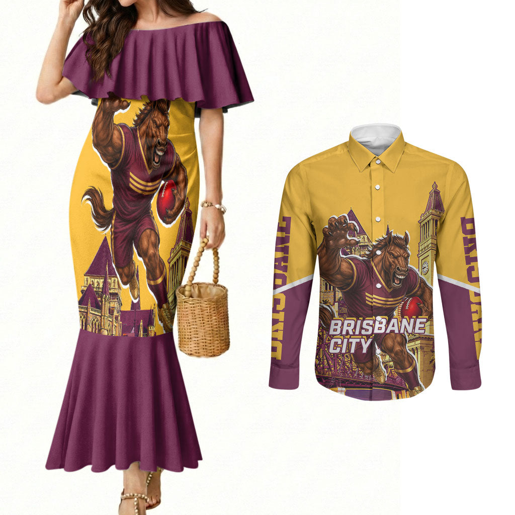 Personalised Brisbane City Rugby Couples Matching Mermaid Dress and Long Sleeve Button Shirt Muscular Horse Mascot Skyline Graphic