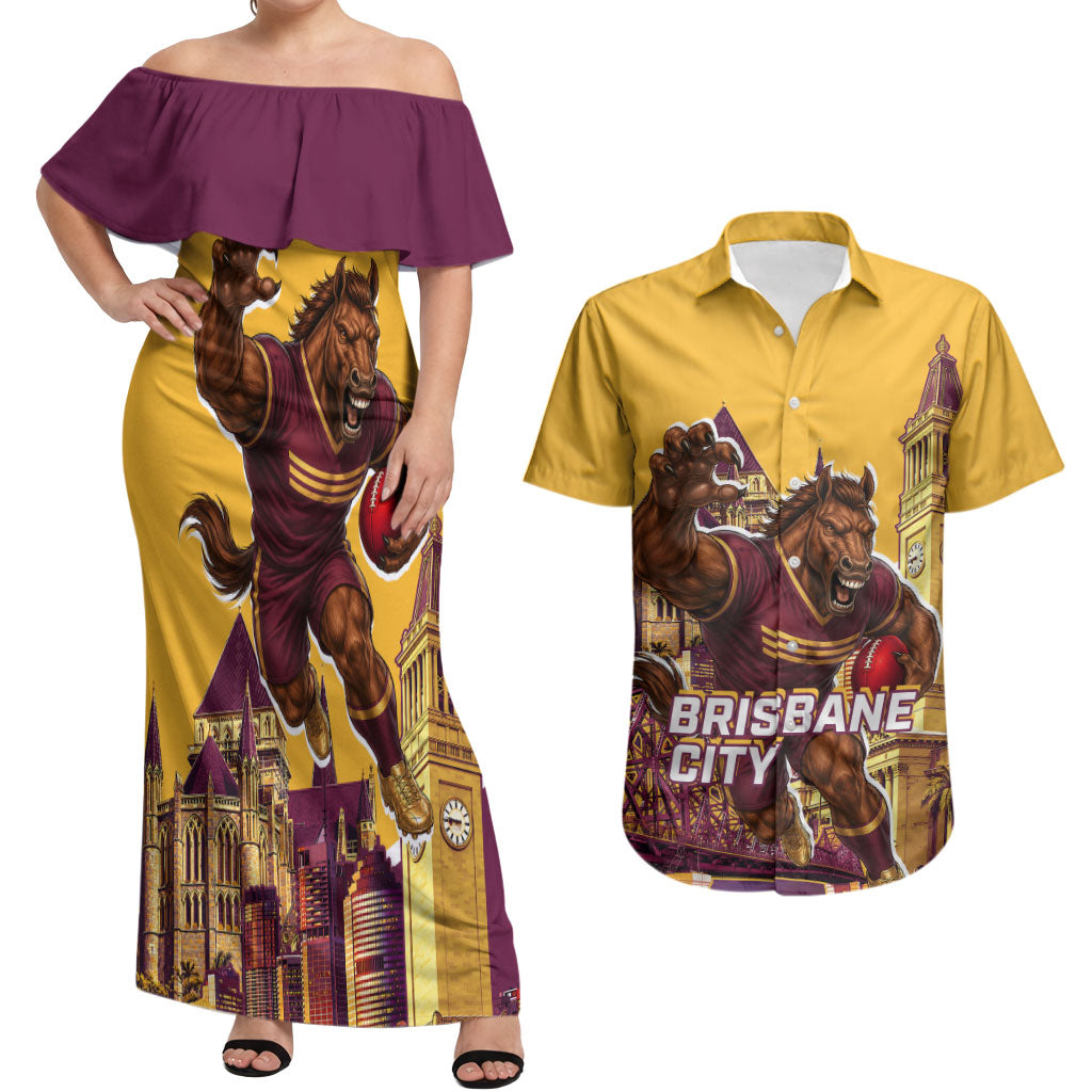 Personalised Brisbane City Rugby Couples Matching Off Shoulder Maxi Dress and Hawaiian Shirt Muscular Horse Mascot Skyline Graphic