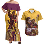 Personalised Brisbane City Rugby Couples Matching Off Shoulder Maxi Dress and Hawaiian Shirt Muscular Horse Mascot Skyline Graphic