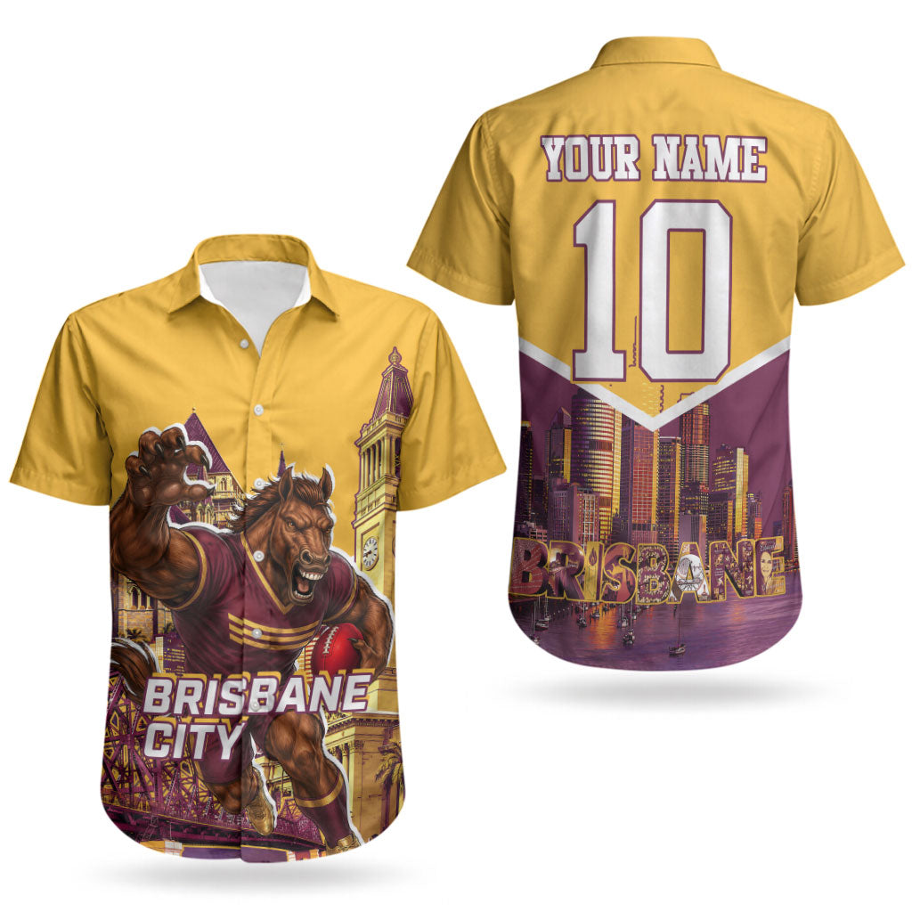 Personalised Brisbane City Rugby Couples Matching Off Shoulder Maxi Dress and Hawaiian Shirt Muscular Horse Mascot Skyline Graphic