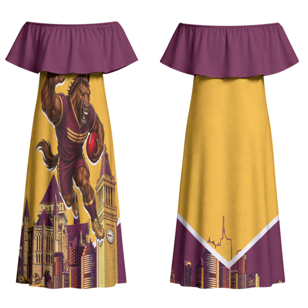 Personalised Brisbane City Rugby Couples Matching Off Shoulder Maxi Dress and Hawaiian Shirt Muscular Horse Mascot Skyline Graphic