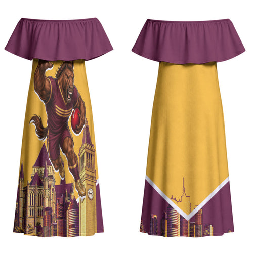 Personalised Brisbane City Rugby Couples Matching Off Shoulder Maxi Dress and Hawaiian Shirt Muscular Horse Mascot Skyline Graphic
