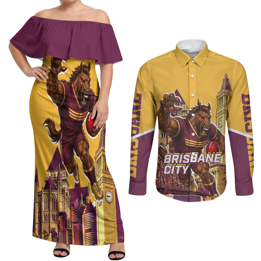 Personalised Brisbane City Rugby Couples Matching Off Shoulder Maxi Dress and Long Sleeve Button Shirt Muscular Horse Mascot Skyline Graphic