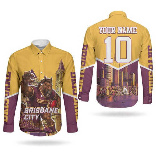 Personalised Brisbane City Rugby Couples Matching Off Shoulder Maxi Dress and Long Sleeve Button Shirt Muscular Horse Mascot Skyline Graphic