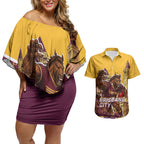 Personalised Brisbane City Rugby Couples Matching Off Shoulder Short Dress and Hawaiian Shirt Muscular Horse Mascot Skyline Graphic