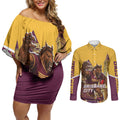Personalised Brisbane City Rugby Couples Matching Off Shoulder Short Dress and Long Sleeve Button Shirt Muscular Horse Mascot Skyline Graphic