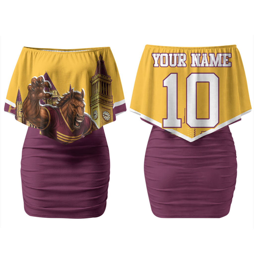 Personalised Brisbane City Rugby Couples Matching Off Shoulder Short Dress and Long Sleeve Button Shirt Muscular Horse Mascot Skyline Graphic