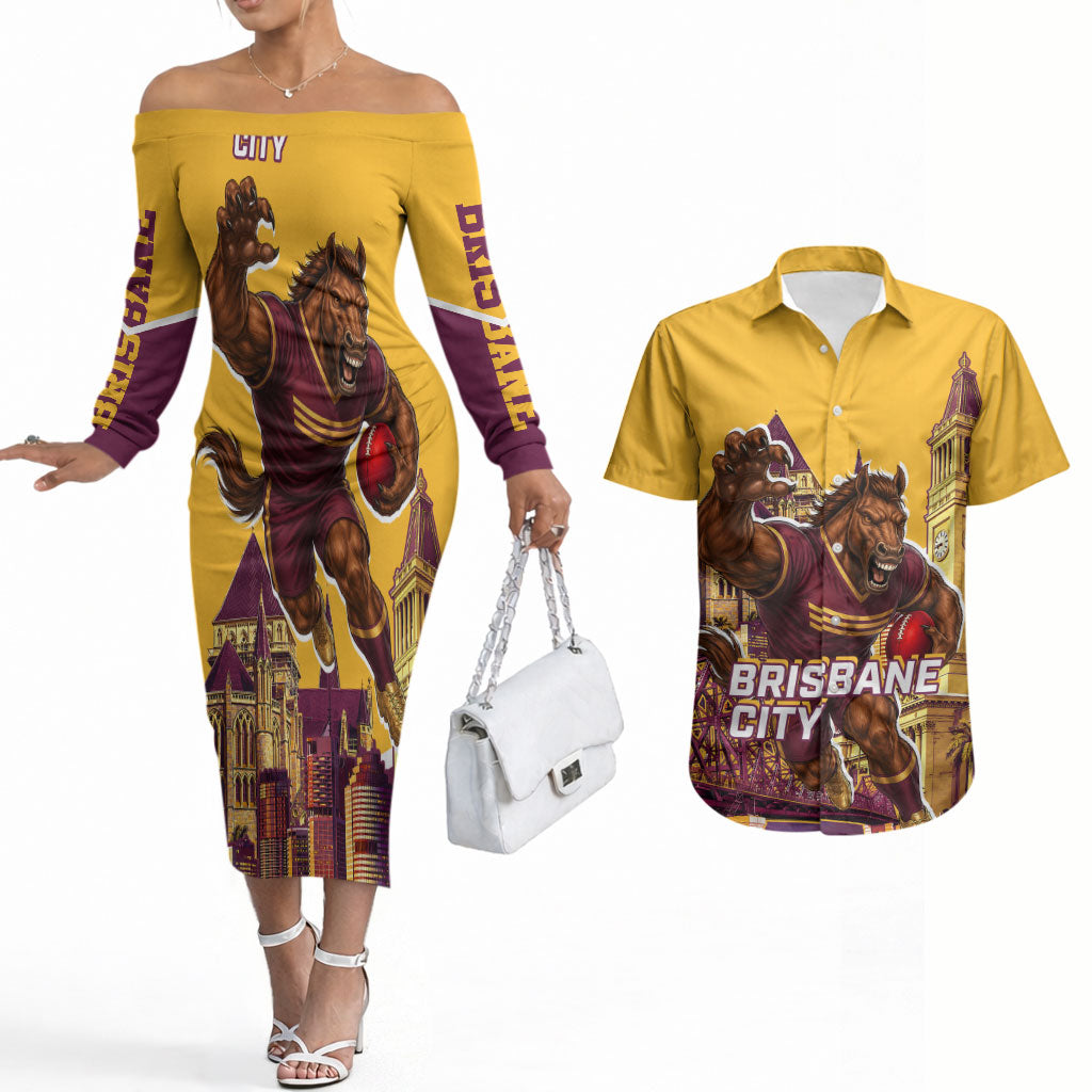 Personalised Brisbane City Rugby Couples Matching Off The Shoulder Long Sleeve Dress and Hawaiian Shirt Muscular Horse Mascot Skyline Graphic