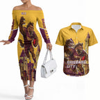 Personalised Brisbane City Rugby Couples Matching Off The Shoulder Long Sleeve Dress and Hawaiian Shirt Muscular Horse Mascot Skyline Graphic