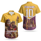 Personalised Brisbane City Rugby Couples Matching Off The Shoulder Long Sleeve Dress and Hawaiian Shirt Muscular Horse Mascot Skyline Graphic