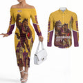 Personalised Brisbane City Rugby Couples Matching Off The Shoulder Long Sleeve Dress and Long Sleeve Button Shirt Muscular Horse Mascot Skyline Graphic