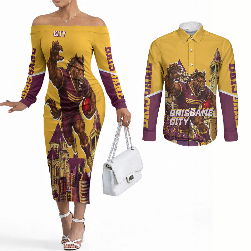 Personalised Brisbane City Rugby Couples Matching Off The Shoulder Long Sleeve Dress and Long Sleeve Button Shirt Muscular Horse Mascot Skyline Graphic