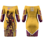 Personalised Brisbane City Rugby Couples Matching Off The Shoulder Long Sleeve Dress and Long Sleeve Button Shirt Muscular Horse Mascot Skyline Graphic