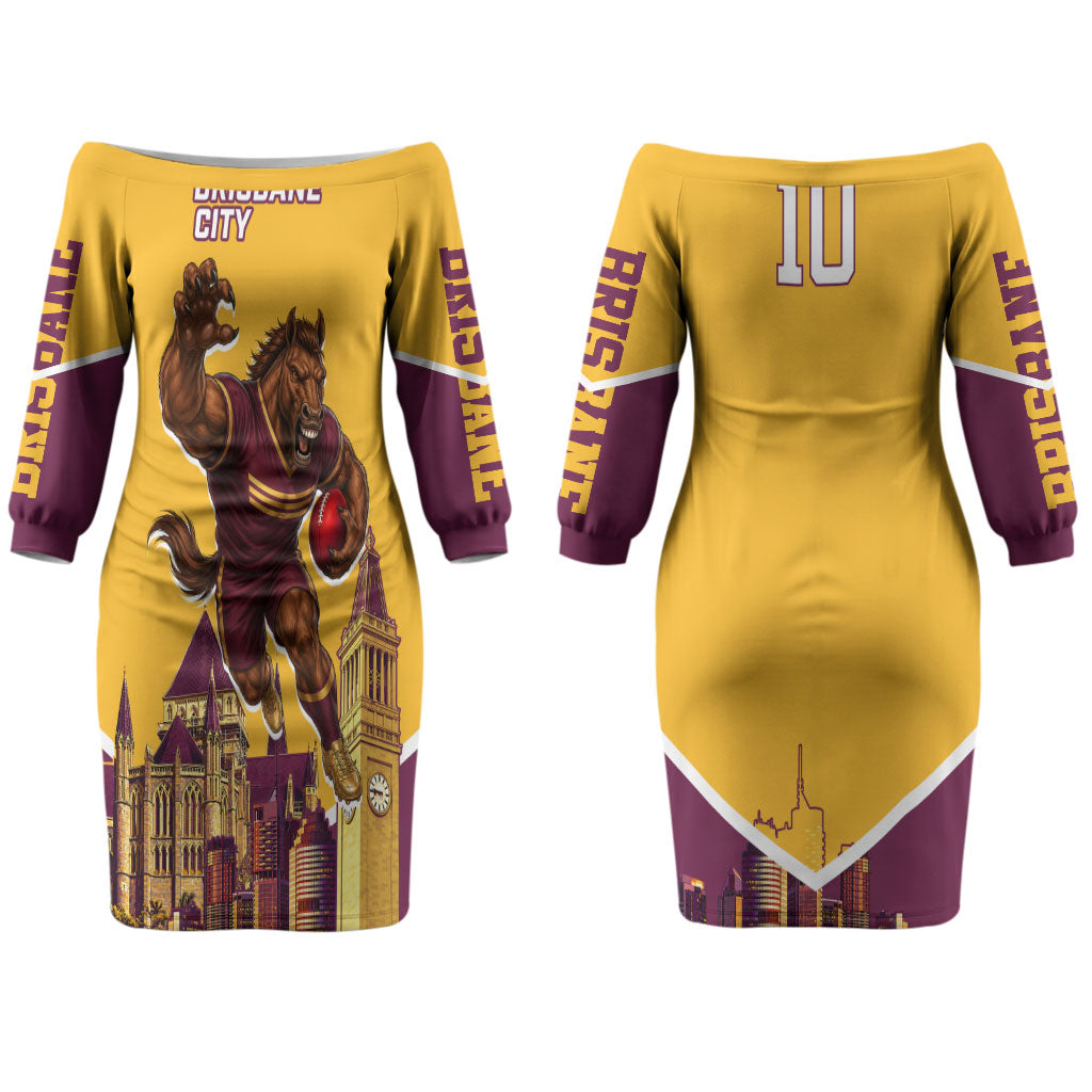 Personalised Brisbane City Rugby Couples Matching Off The Shoulder Long Sleeve Dress and Long Sleeve Button Shirt Muscular Horse Mascot Skyline Graphic