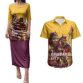Personalised Brisbane City Rugby Couples Matching Puletasi and Hawaiian Shirt Muscular Horse Mascot Skyline Graphic