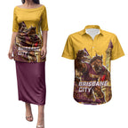 Personalised Brisbane City Rugby Couples Matching Puletasi and Hawaiian Shirt Muscular Horse Mascot Skyline Graphic