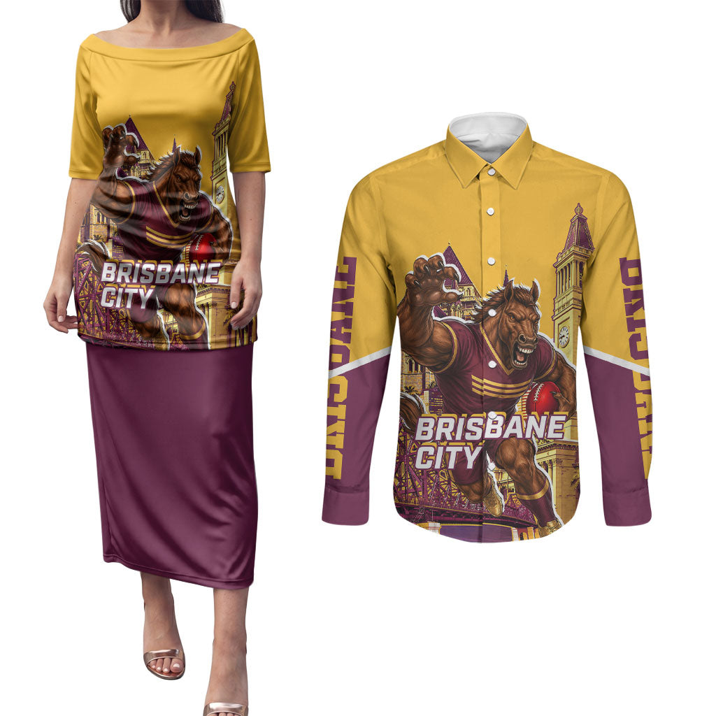 Personalised Brisbane City Rugby Couples Matching Puletasi and Long Sleeve Button Shirt Muscular Horse Mascot Skyline Graphic
