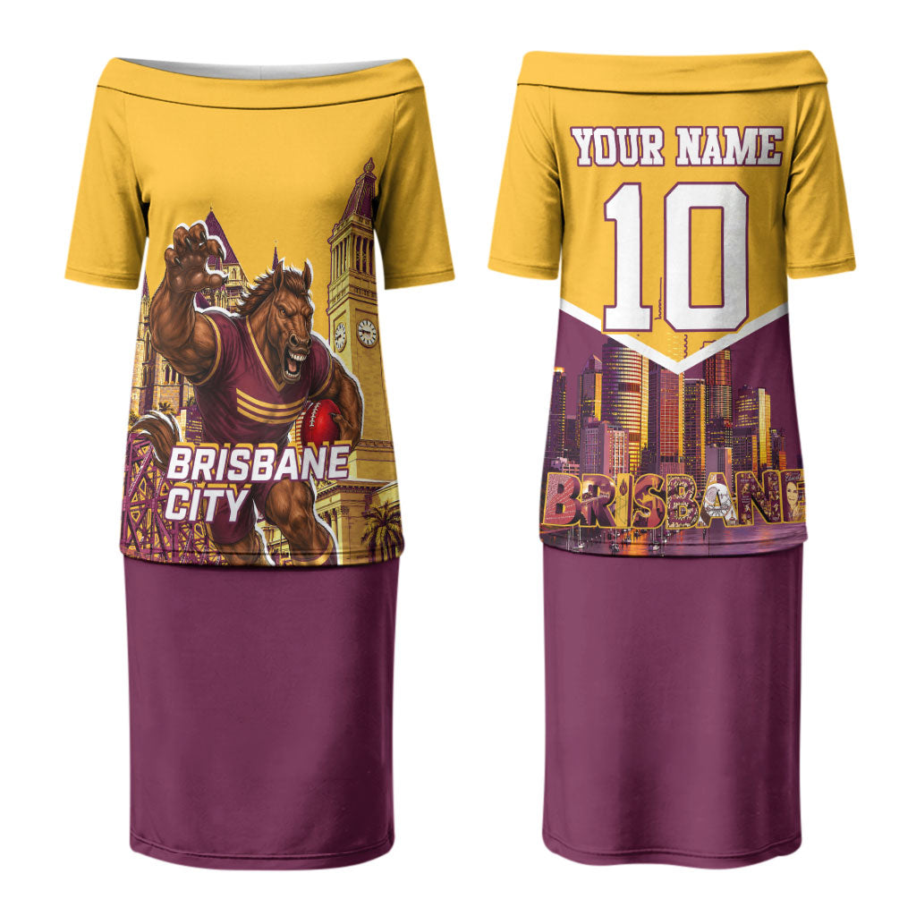 Personalised Brisbane City Rugby Couples Matching Puletasi and Long Sleeve Button Shirt Muscular Horse Mascot Skyline Graphic