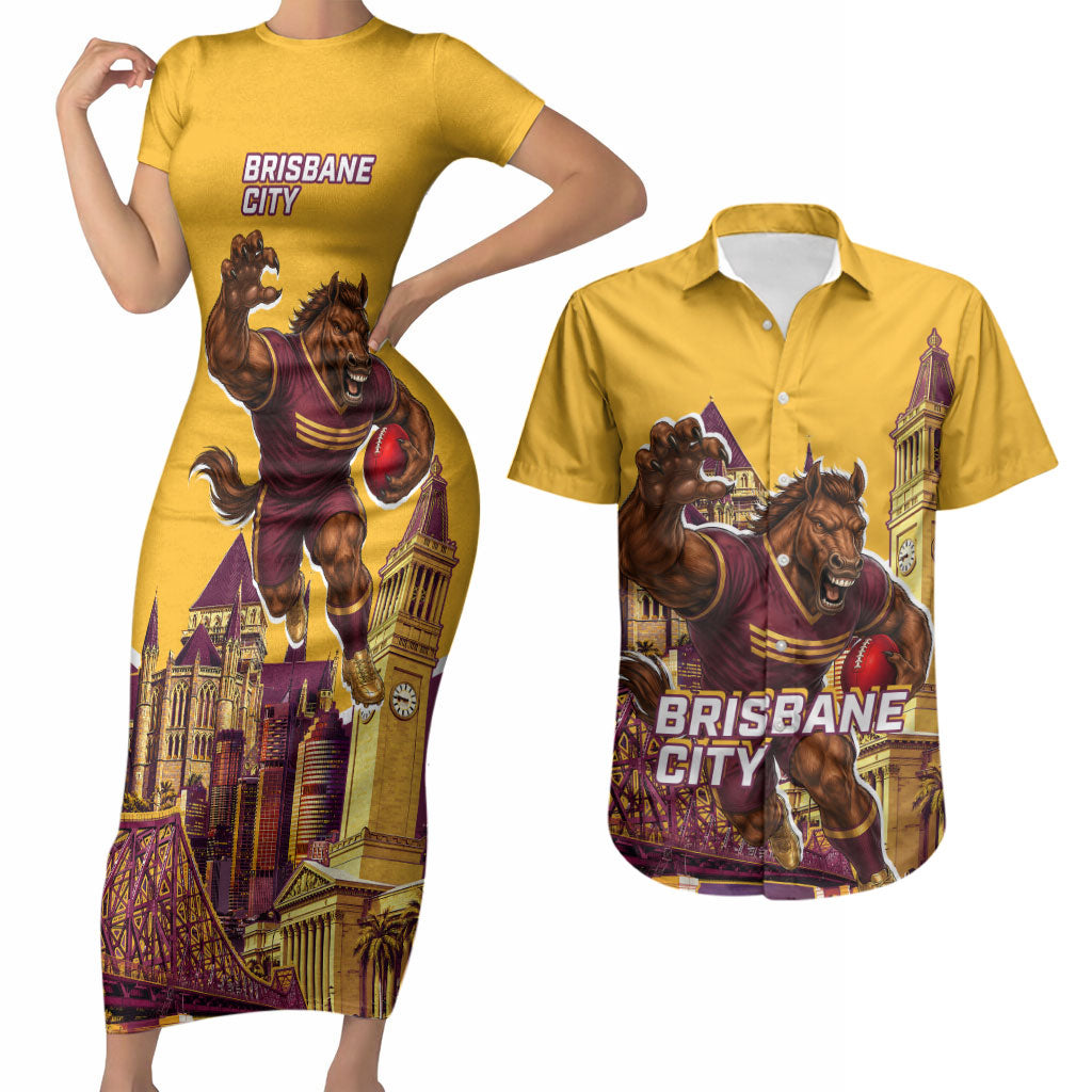 Personalised Brisbane City Rugby Couples Matching Short Sleeve Bodycon Dress and Hawaiian Shirt Muscular Horse Mascot Skyline Graphic