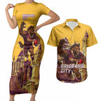 Personalised Brisbane City Rugby Couples Matching Short Sleeve Bodycon Dress and Hawaiian Shirt Muscular Horse Mascot Skyline Graphic