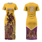 Personalised Brisbane City Rugby Couples Matching Short Sleeve Bodycon Dress and Hawaiian Shirt Muscular Horse Mascot Skyline Graphic