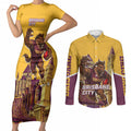 Personalised Brisbane City Rugby Couples Matching Short Sleeve Bodycon Dress and Long Sleeve Button Shirt Muscular Horse Mascot Skyline Graphic