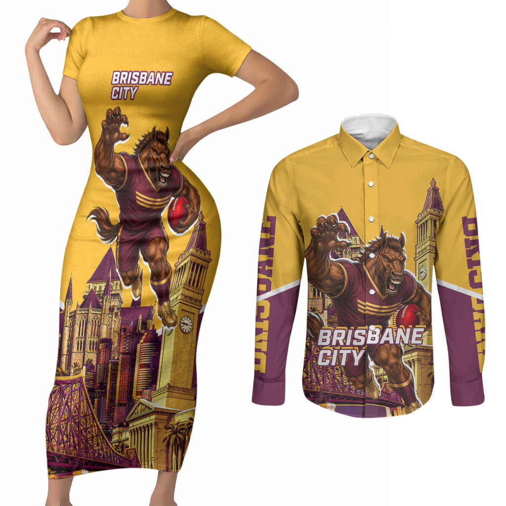Personalised Brisbane City Rugby Couples Matching Short Sleeve Bodycon Dress and Long Sleeve Button Shirt Muscular Horse Mascot Skyline Graphic