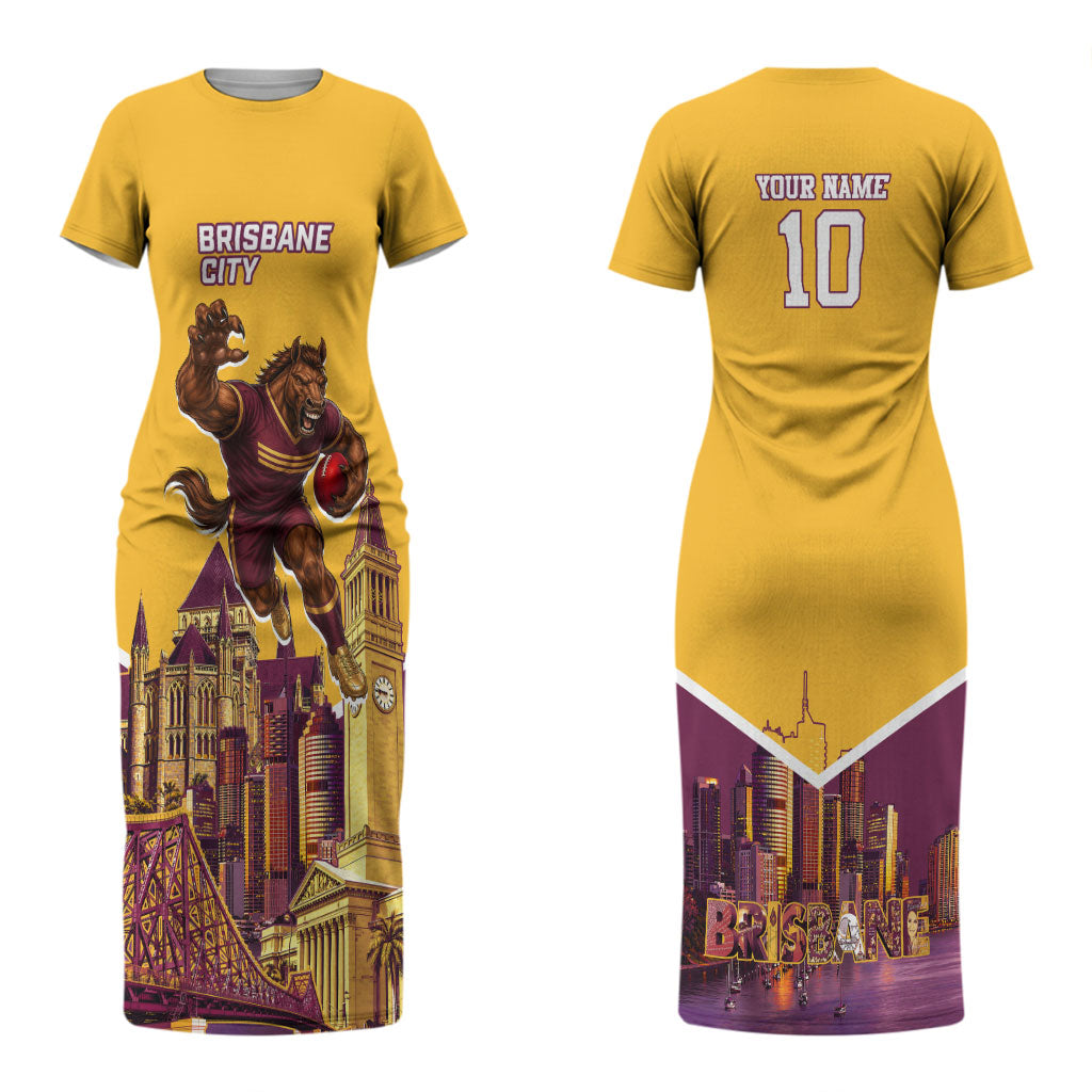 Personalised Brisbane City Rugby Couples Matching Short Sleeve Bodycon Dress and Long Sleeve Button Shirt Muscular Horse Mascot Skyline Graphic
