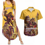 Personalised Brisbane City Rugby Couples Matching Summer Maxi Dress and Hawaiian Shirt Muscular Horse Mascot Skyline Graphic
