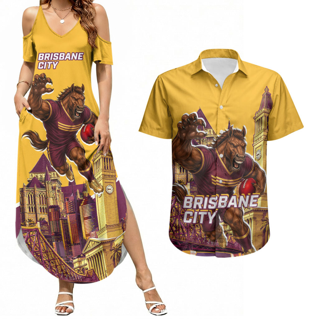 Personalised Brisbane City Rugby Couples Matching Summer Maxi Dress and Hawaiian Shirt Muscular Horse Mascot Skyline Graphic