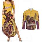 Personalised Brisbane City Rugby Couples Matching Summer Maxi Dress and Long Sleeve Button Shirt Muscular Horse Mascot Skyline Graphic