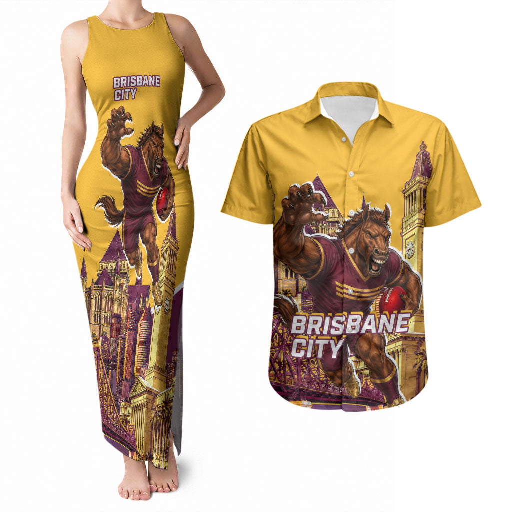Personalised Brisbane City Rugby Couples Matching Tank Maxi Dress and Hawaiian Shirt Muscular Horse Mascot Skyline Graphic