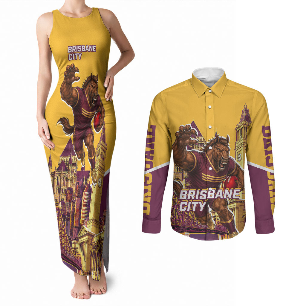 Personalised Brisbane City Rugby Couples Matching Tank Maxi Dress and Long Sleeve Button Shirt Muscular Horse Mascot Skyline Graphic