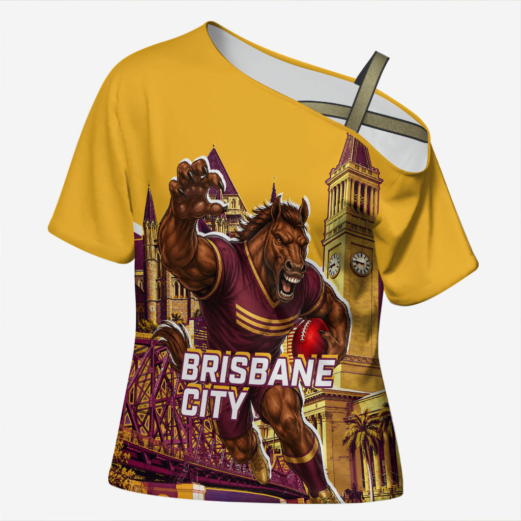 Personalised Brisbane City Rugby Cross Shoulder Shirt Muscular Horse Mascot Skyline Graphic
