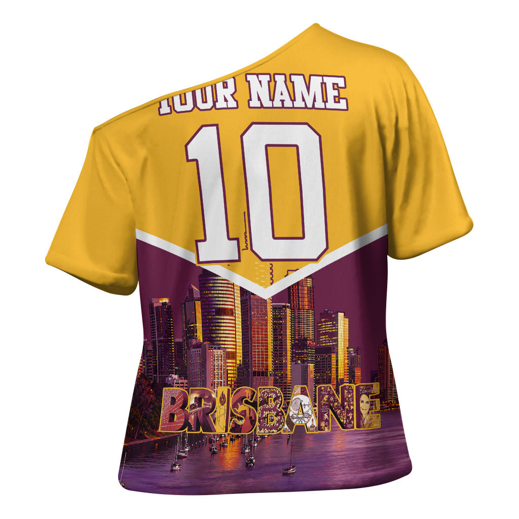 Personalised Brisbane City Rugby Cross Shoulder Shirt Muscular Horse Mascot Skyline Graphic